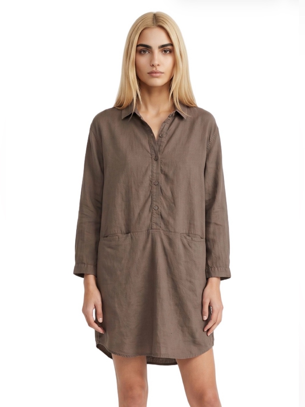 EILEEN FISHER Brown long sleeve mini collared shirtdress Quiet Luxury SIZE MED